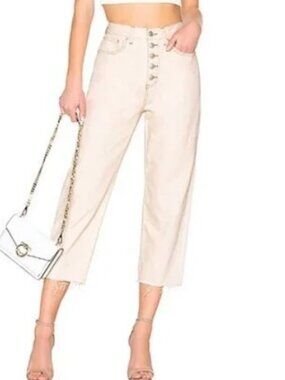 Free People WE THE FREE Ivory Cropped Straight Leg Jeans Back Strap Size 26